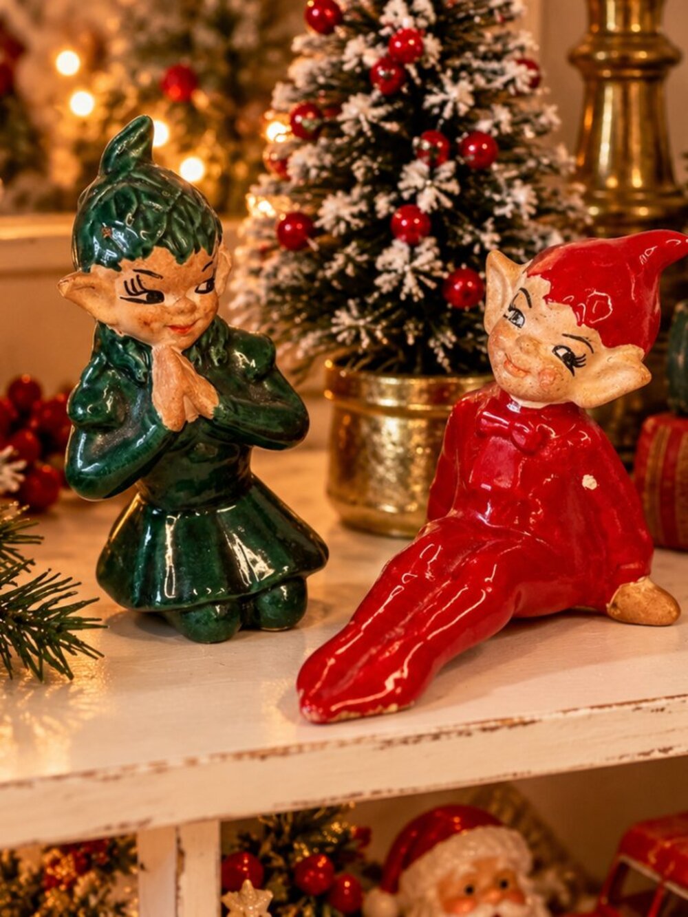 Vintage 1950s Gilner Ceramic Pixies Elves Set of 2 Red & Green – AS IS
